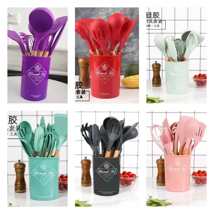 Silicone Kitchen Utensil Set 12 Pieces Cooking with Wooden Handles Holder for Nonstick Cookware Spoon Soup Ladle Slotted Whisk Tongs Brush FY2471 ss1111