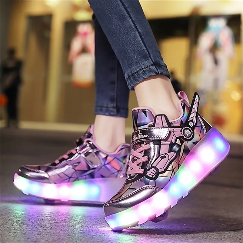 Chaussures LED lumiere Skateshoes Enfants Baskets Roller Usb Charge Noir  Double roue Garçons Filles Sneakers