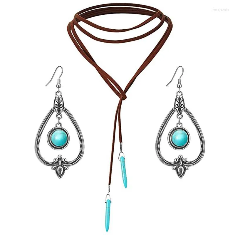 Pendentif Colliers Bohème Turquoise Long Tour de Cou Pour Femme Boucles d'Oreilles Argent