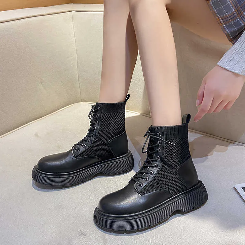 Boots2021 Motorcycle Women's Boots Winter Soft Leather Shoes Black Botas Wedges Female Lace Up Platforms Women White Botas Mujer G221110