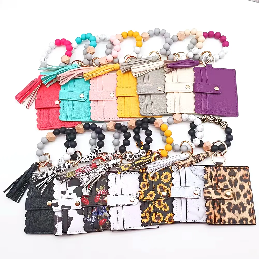 Portable Wallet Wrist Keychain Silicone Beaded Keychain Tassel Card Bag Pendant Bracelet