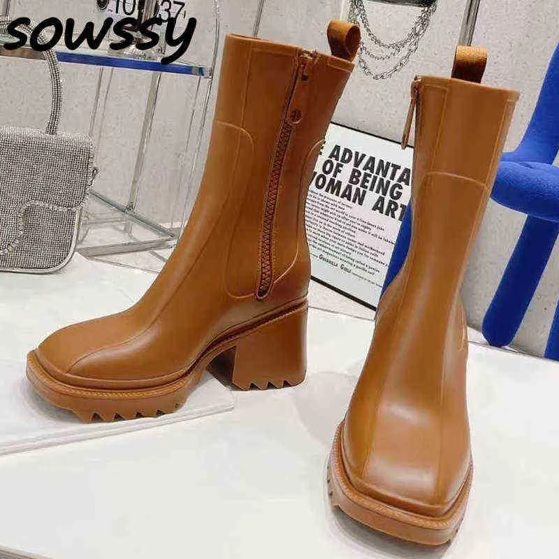 Boots for Autumn Square Toe Rain Women Chunky Heel Thick Sole Mid-calf Side Zipper Chelsea Rubber Shoes Lady Y2211