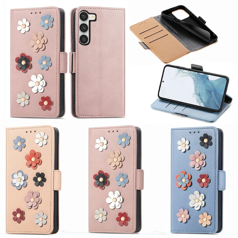 Fashion 3D Flower Leather Wallet Cases For Samsung S23 Plus Ultra M13 4G X Cover 6 Pro A23E A14 5G A04S Stylish Floral Credit ID Card Slot Stand Flip Cover Book Purse Pouch