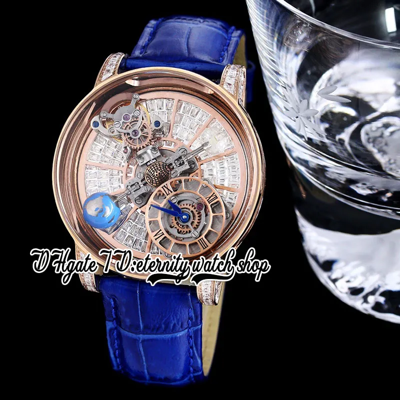 BZF Astronomia Tourbillon Baguette Schweizer Quarz-Herrenuhr, Roségold, Stahlgehäuse, gepflasterte Diamanten, Skelett-D-Globus, drehbares Zifferblatt, blaues Lederarmband, Ewigkeitsuhren