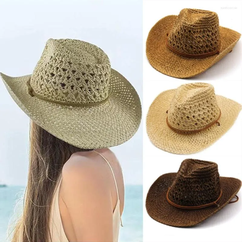 Bérets 2022 Fashion Fashion Hollow Cowboy Paille Men Men d'été Summer en plein air Chapeaux de plage unisexe Solide Western Sunshade Cap