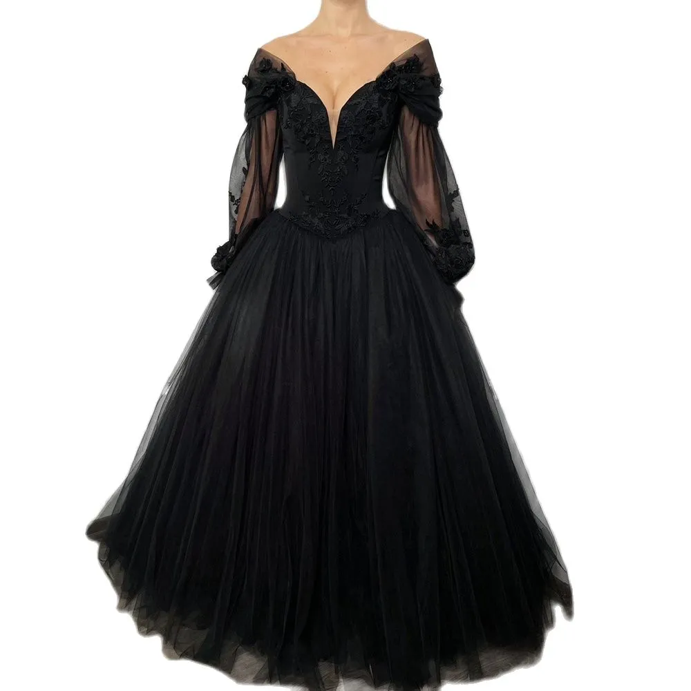 Gothic Prom Dresses V Neck Long Sleeve Evening Gown With Lace — free download