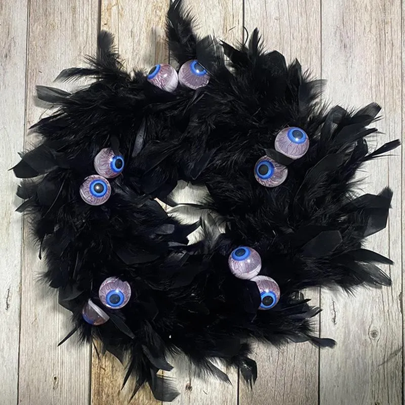 Decorative Flowers Halloween Wreath Decoration Artificial Spooky Feather Hanging With Eye Ball Ornaments For Front Door Decor