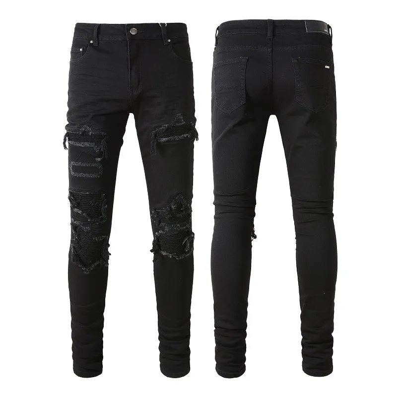 Jean Denim noir pour homme, patchs craquelés, coupe de jambe mince en détresse, extensible