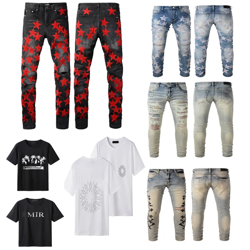 Schlaghose für Herren und Damen, Jeans, langärmlig, gerade, mit T-Shirt, Sommer, Kurzarm, Freizeithemden, Slim Fit, Moto-Denim, Jogger, modische Jeans, Schwarz, Weiß, Hip-Hop-Hose