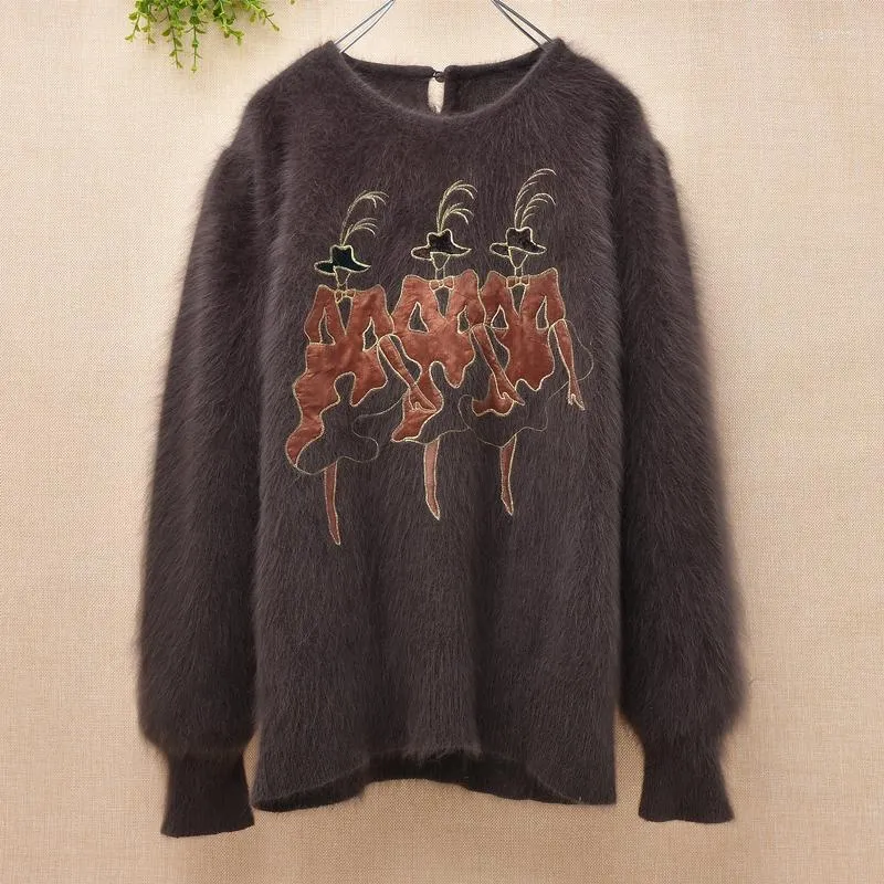 Women's Sweaters Elegant Vintage Female Winter Fuzzy Hairy Angora Knitted Wool Appliques Loose Long Sleeves Mink Cashmere Pullover