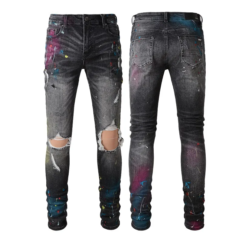 Distressed Hole Painted Homme Mens Denim Jeans Slim Fit Leg