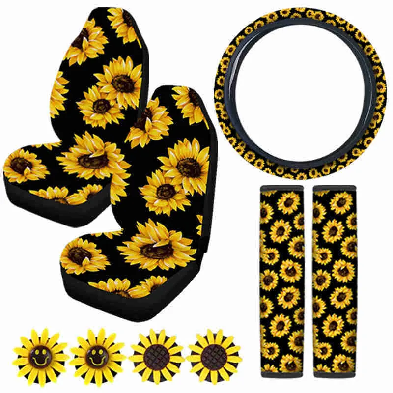 Chaqlin - Set completo di 13 accessori universali per interni auto, motivo: girasole, con stampa You are my sunshine e girasole, coprivolante antiscivolo
