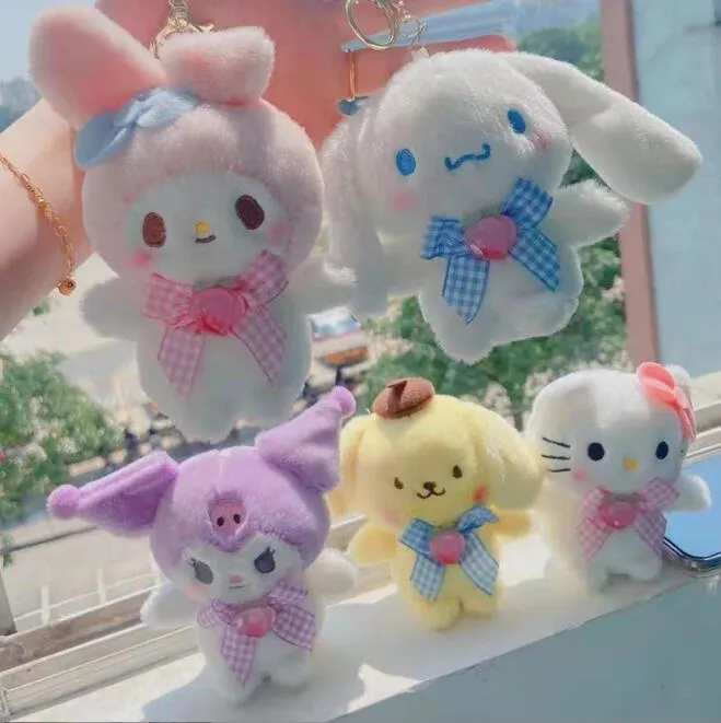 DHL 12Cm 플러시 장난감 Kawaii Sanrio Anime Kuromi Melody Cinnamoroll Purin 개 키 체인 박제 동물 귀여운 Plushie 펜던트 인형 소녀