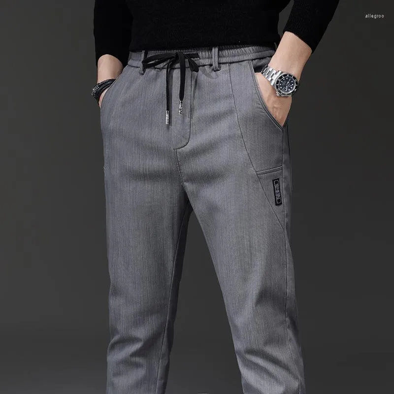 M￤ns byxor Autumn Men's Casual Elastic Business Cotton Grey Black Blue Straight Work Classic Long Trousers for Man
