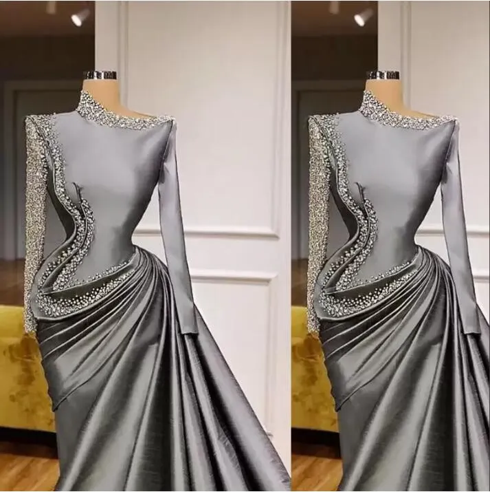 Mermaid Gray Saudi Arabic Long Sleeves Evening Dresses Wear Major Beading Sequins Taffeta Prom Dress vestidos de fiesta Formal Party Gowns