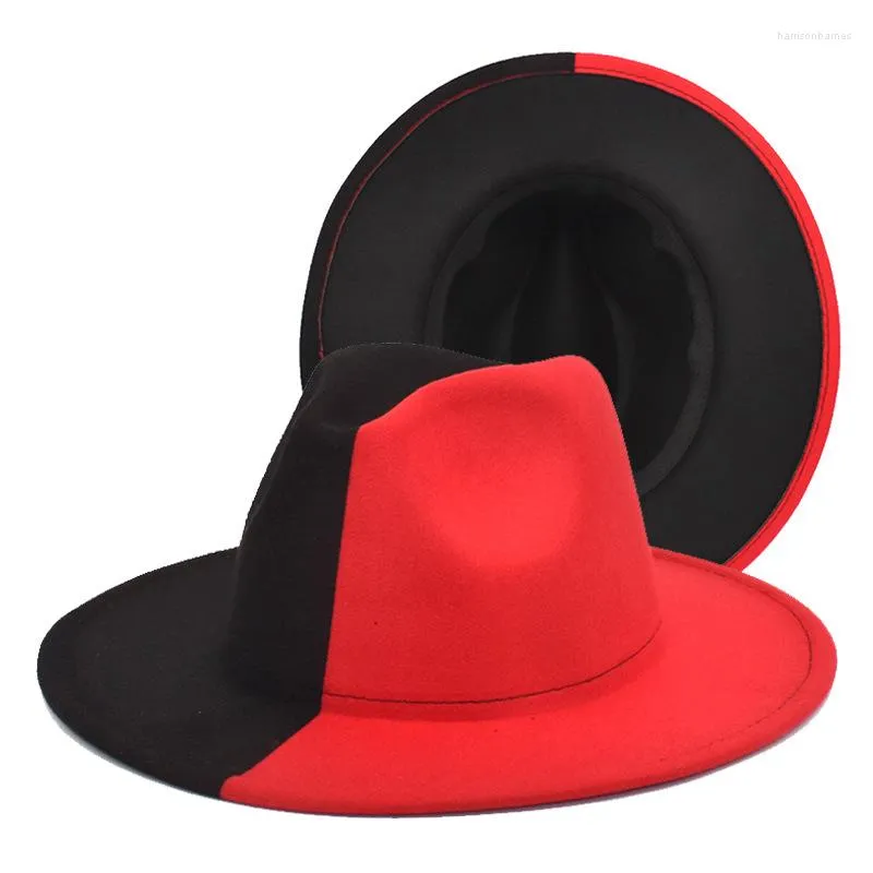 Berets Black Red Patchwork Wool Felt Jazz Fedora Hat Women للجنسين على نطاق واسع Brim Panama Party Trilby Cowboy Cap Men Gentleman Wedding