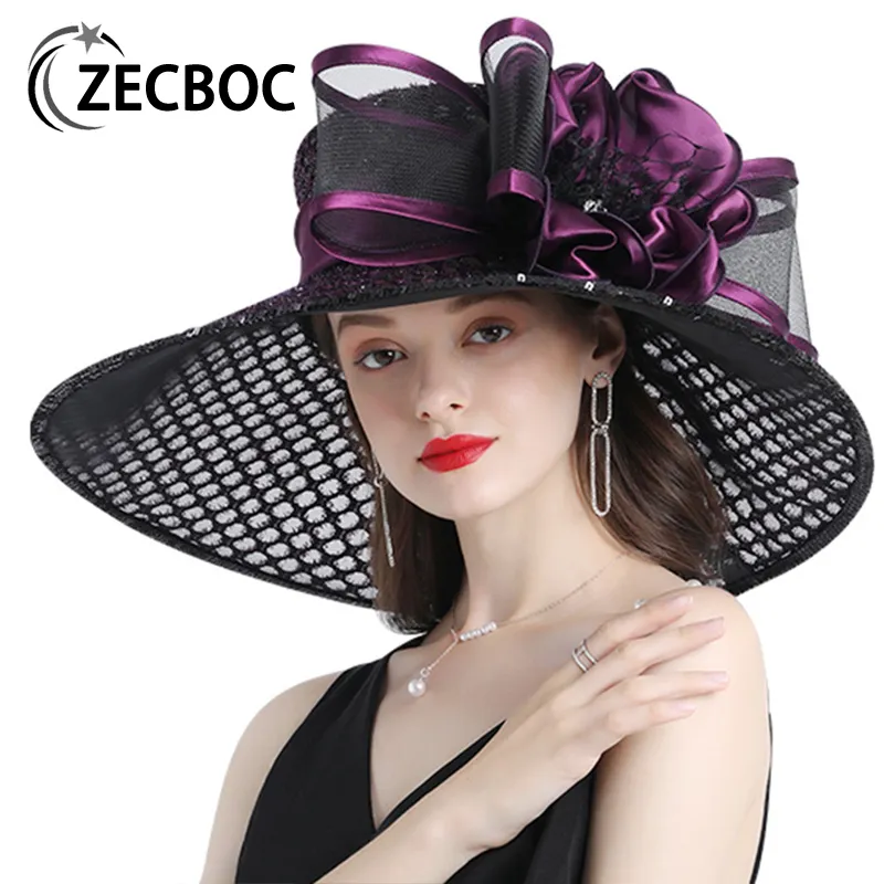 Cappelli a tesa larga Bucket Kentucky Derby per le donne Purple Ladies Tea Party Wedding Organza Large Fascinator Fashion Vintage Fedora 221110