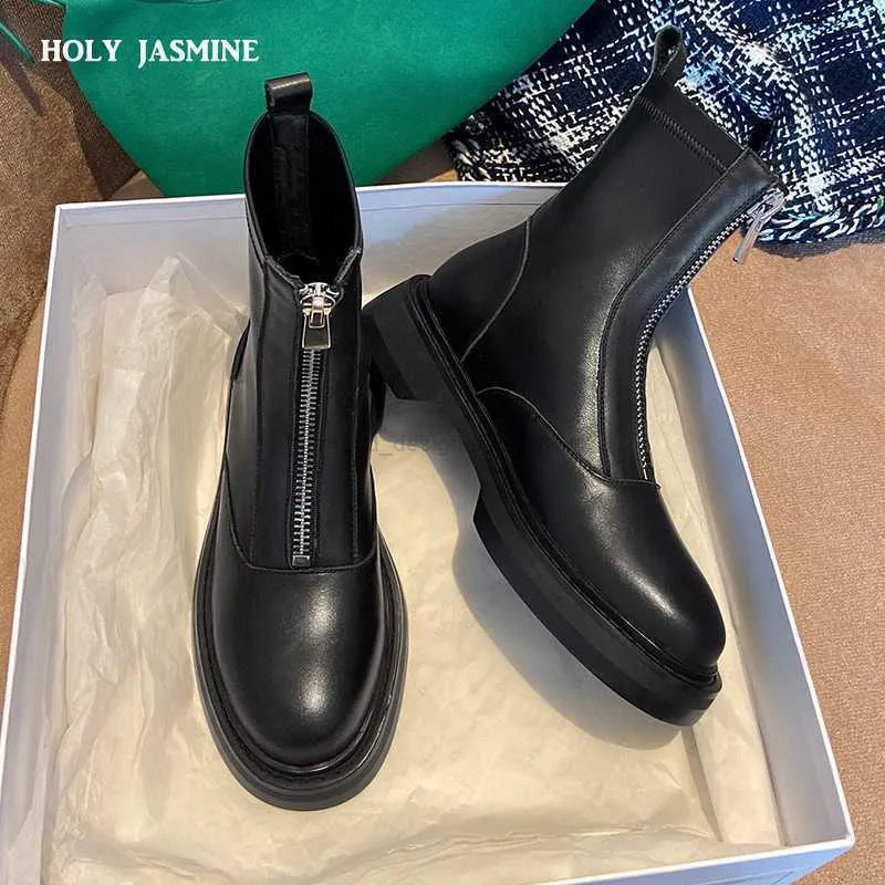 Bottes en cuir véritable femmes hiver plus velours femme chaussure mode femme respirant peau de vache bottillon avant fermeture éclair lumière noir botte Y2211