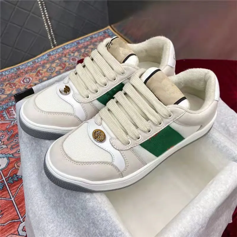 Screener sneaker beige Butter Dirty leather Shoes running vintage Red and Green Web stripe Luxurys Designers Sneakers Bi-color rubber sole Classic Casual Shoe01 bmm