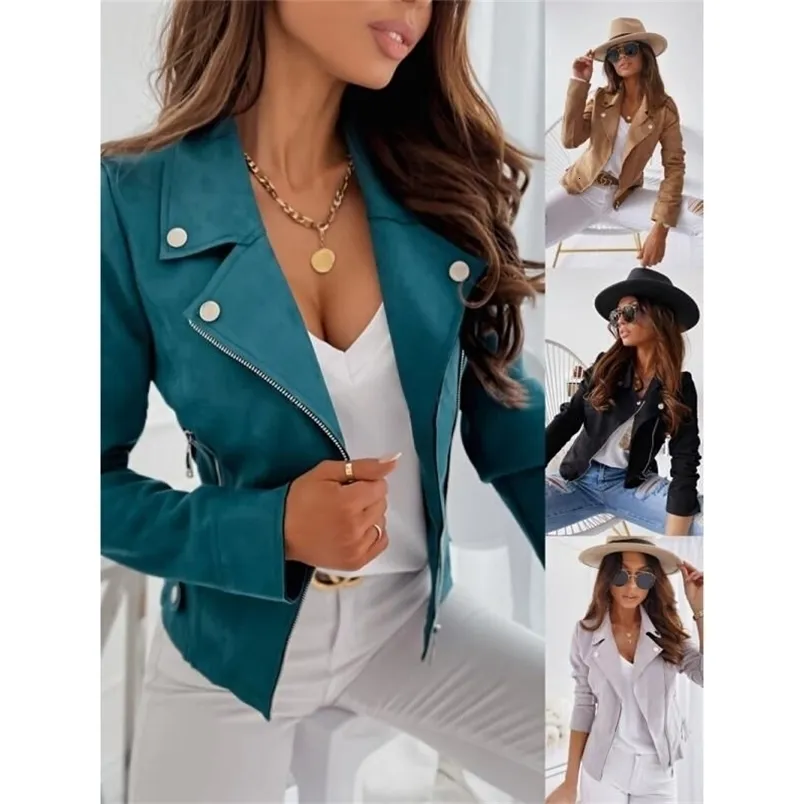 Women's Leather Faux Women Spring PU Jacket Coat Fashion Long Sleeve Slim Suit Lady Solid Color Zipper Tops S-2XL Full Size 221111