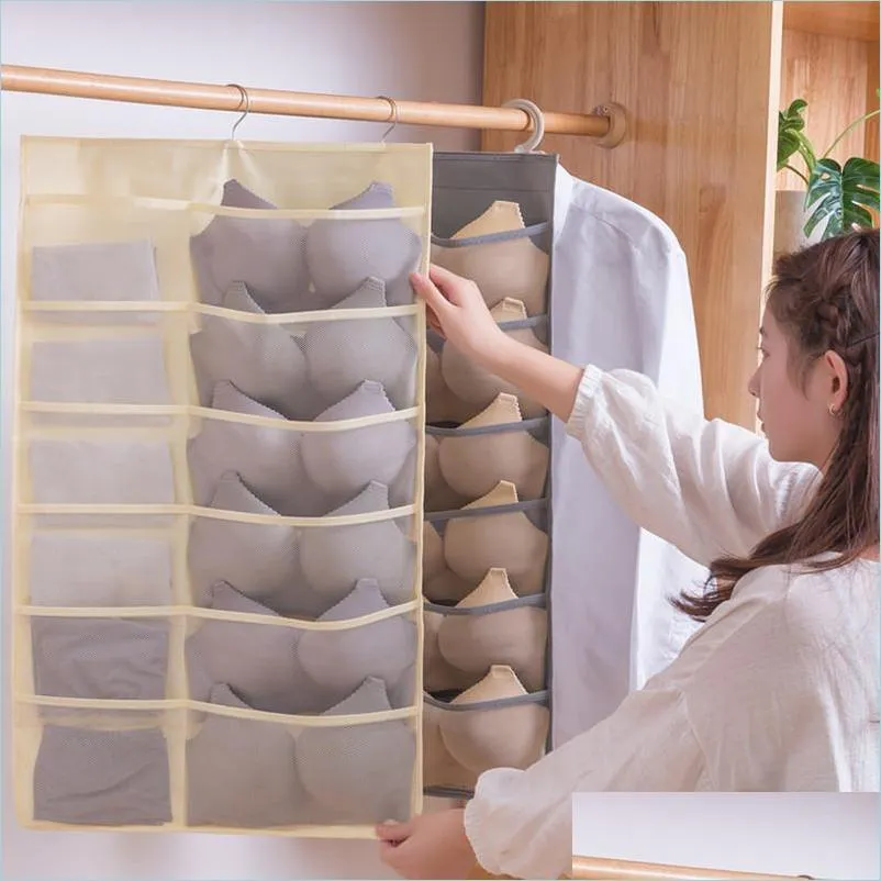 Other Home Storage Organization Women Underwear Socks Hanging Bag Double Sided Wardrobe Closet Bra Storage Nonwoven Home Clothes O Dhr7B