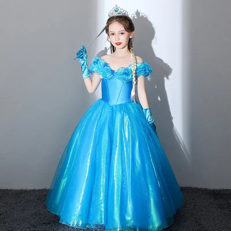 New Long Princess Cenerentola Flower Girl Abiti Off-the-spalla Lunghezza del pavimento Abito da ballo Blu Abiti da spettacolo per bambini Design natalizio Custom Made