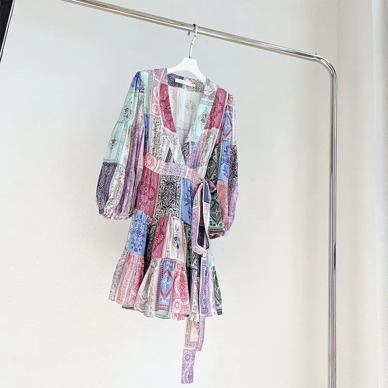 Платья с цветочным принтом классический корт в стиле пузырьковой рукав винтажный v-образный выпуск 22 Зимние новое австралийское модное короткое платье