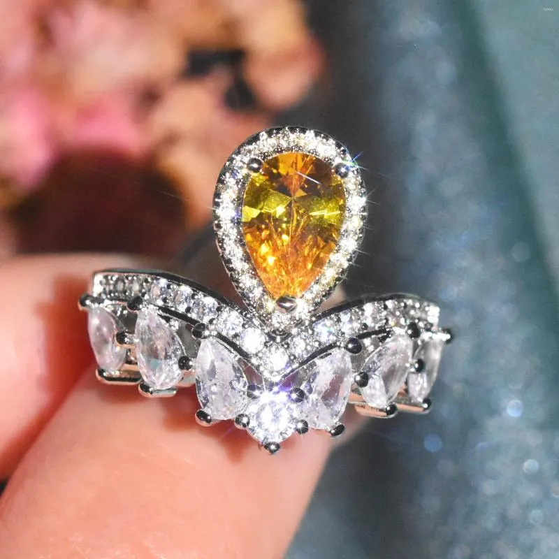 Wedding Rings Luxury Water Drop Pear Shaped Asche Yellow Zircon Crown Ring Platinum-plated Gorgeous Engagement Female Jewelry