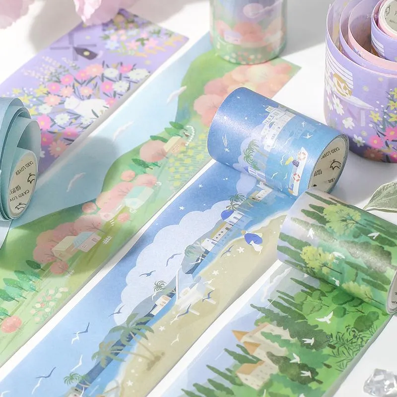Papel de regalo de 50mm de ancho, bonita cinta Washi de dibujos animados, pintura de paisaje, pegatina para álbum de recortes DIY, etiqueta adhesiva, suministro escolar y de oficina