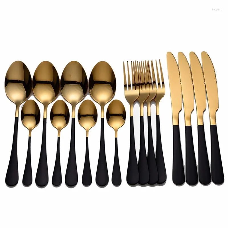 Dinnerware Sets Gold Cutlery Set Stainless Steel Tableware 16 Pieces Fork Spoon Knife Black Kitchen