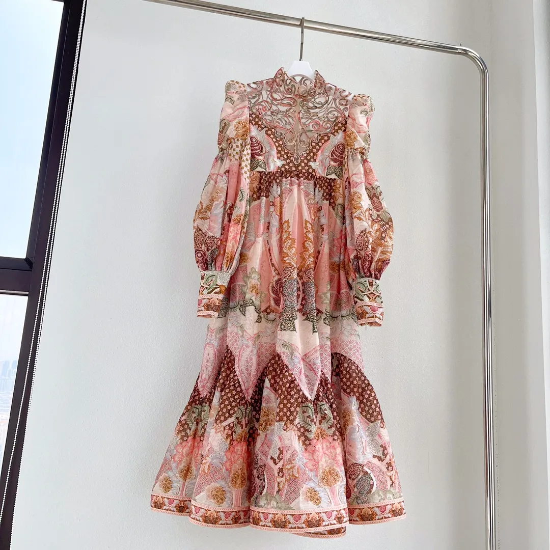Elbiseler Aw20 Kadın Rüyası Girdap Baskı Uzun Kollu Çiçek Stand Yakası Kontrast Dantel Ekleme Çiçek Elbise Salıncak