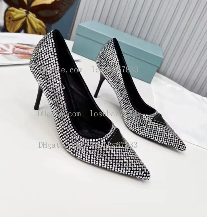 Sapatos formais de dedo do pé pontudo feminino padrão Moda couro envernizado salto alto diamante 8,5 cm Sapato vestido de festa de passarela de luxo Sandálias de verão caixa de presente 35-41