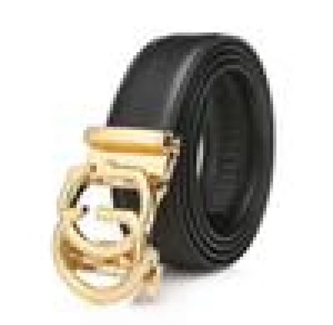 Men039s Real Leather Liknande Desinger Ratchet Dress Belt med gyllene spännen Automatiska spännebält för män Lyx 35 mm Bredd JQI