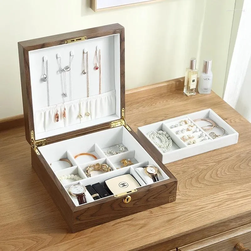 Schmuckbeutel, luxuriöse Holz-Display-Box, Organizer für Damen, großer Ring, Halskette, Ohrringe, Schmuck, Aufbewahrungskoffer, Geschenk-Schatulle mit Schloss