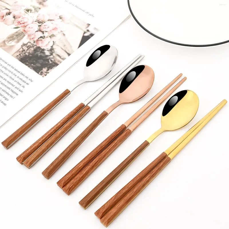 Dinnerware Sets Drmfiy Browen Gold 2Pcs Set Wooden Handle Flatware Stainless Steel Cutlery Dinner Spoon Chopsticks Tableware