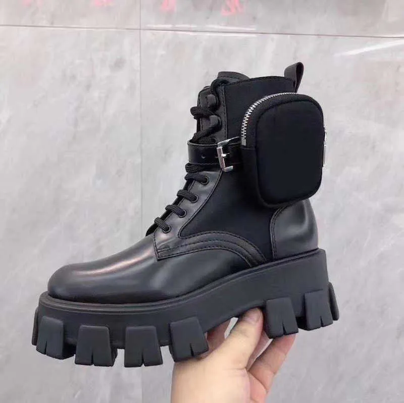 Combat Boots Leather Shoes Martin Boot Platform Shoe Women Cloth Rois Nylon Fur Ankle With Pouch Battle Rubber Sole Monolith Big No43