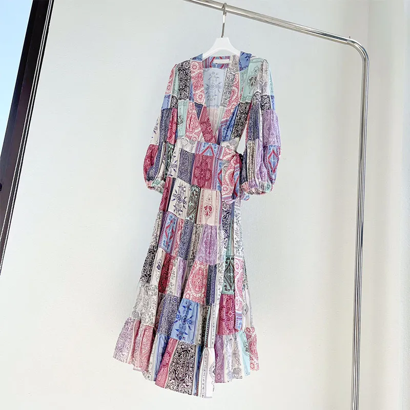 드레스 플로럴 프린트 클래식 코트 스타일 버블 슬리브 빈티지 V- 넥 22 겨울 새로운 호주 패션 드레스