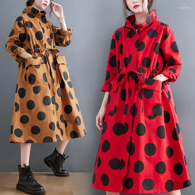 Damesgeul Lagen Spring herfst Polka Dot Lange jas voor vrouwen Kleding Kraag Drawtrek Pocket Fashion Casual losse bovenkleding