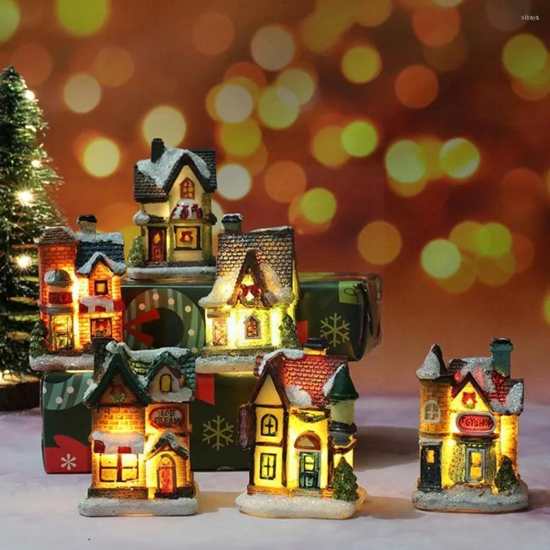 Christmas Decorations Drop Ornaments Resin Small House Decoration Micro With Lighting Warm Pendant Xmas Landscape D4N4