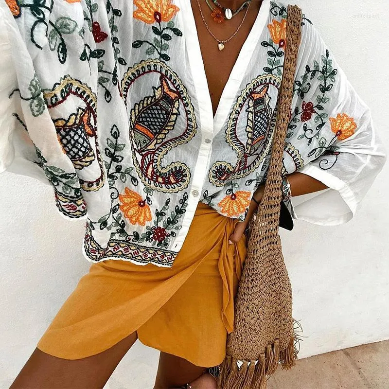 Women's Blouses Cropped For Women Tops Boho Clothes Paisley Floral Embroidered Blouse 2022 Three Quarter Batwing Sleeve V Neck Loose Top