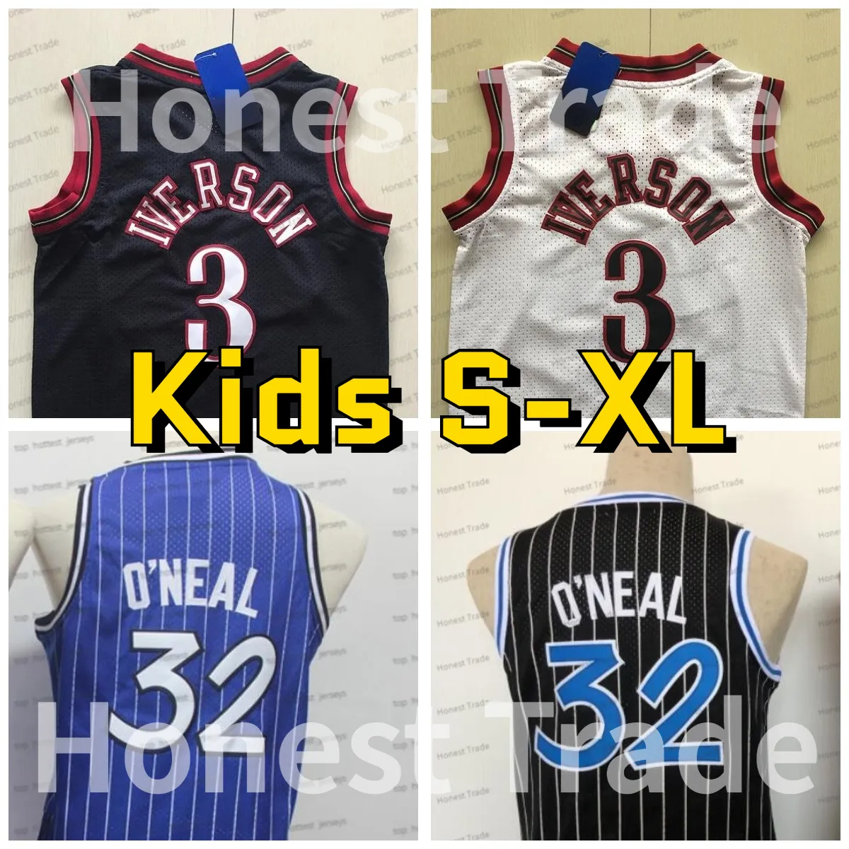 Barn Retro Allen 3 Iverson Baskettröja 32 Shaq Vit Svart Throwback Neal Stitched Vintage ungdomströjor Presenter för barn