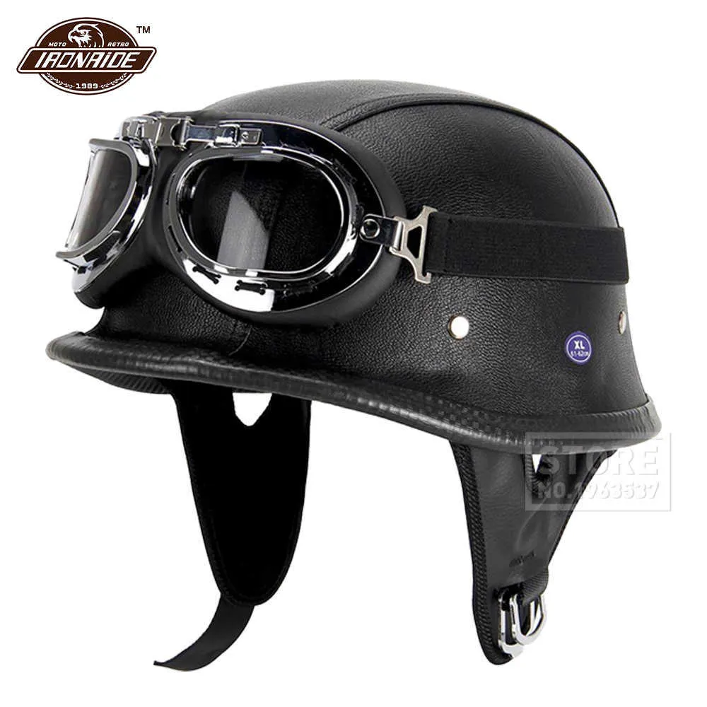 Casques de cyclisme Nouveau casque de moto en cuir moto allemande visage ouvert demi-casque Chopper Biker pilote DOT noir T221116