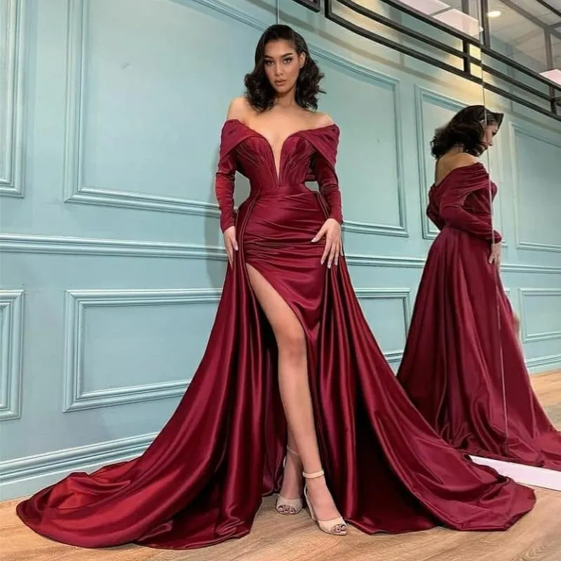 Robes de bal sirène bordeaux manches longues robes de soirée fendues sur le côté avec train détachable sur l'épaule décolleté satin occasion spéciale vêtements de cérémonie