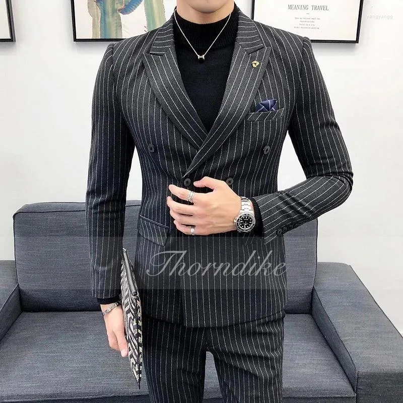 Men's Suits Thorndike Pinstripe Double Breasted Men Suit Set Notched Lapel 2 Pieces Black Striped For Business Work Blazer Pants