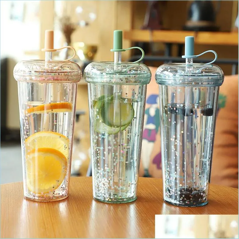 Tumblers 520Ml Tumbler With Sts Double Layer Leakproof Milk Coffee Glitter Water Bottles Drop Delivery Home Garden Kitchen Dining Ba Dhqjd