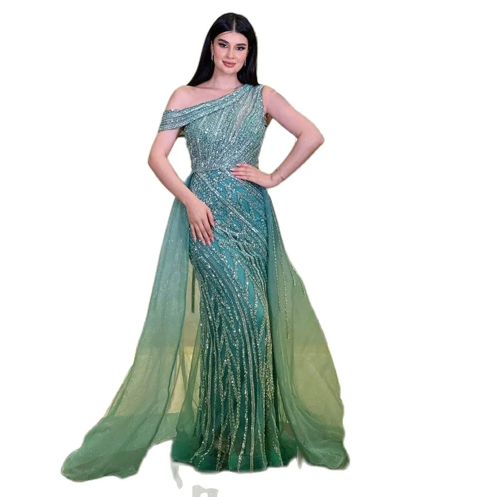 Green Crystal Beading Dubai Mermaid Evening Dress Celebrity Gowns Detachable Train One Shoulder Saudi Arabic Formal Dresses