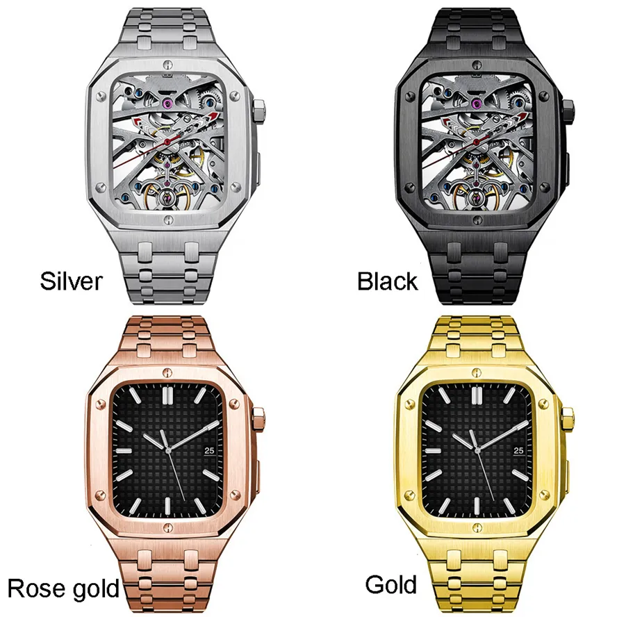Link Bracelet Straps AP Modified Armor integrado Case Watchband Butterfly Clasp Steel Band Fit iWatch Series 8 7 6 SE 5 4 Para Apple Watch 44 45mm Wristband