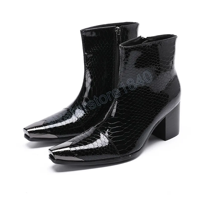 Botas de tobillo occidentales de vaquero de cuero genuino para hombre, zapatos de vestir con hebilla y cremallera, calzado negro, botas básicas para hombre