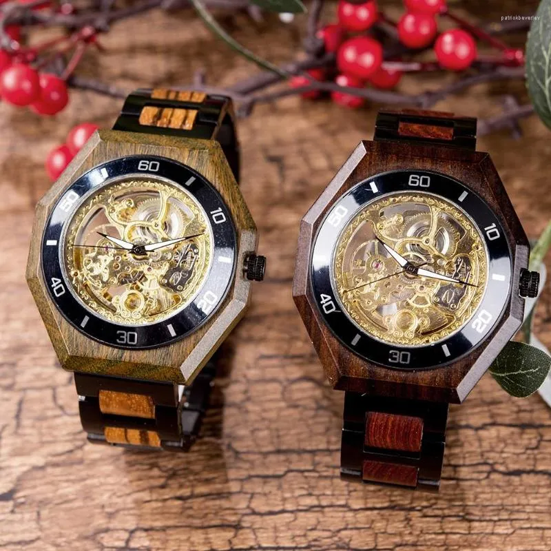 Relojes de pulsera BOBO BIRD Hombres Relojes mecánicos de madera Top Lujo Automático Luminoso Banda de acero inoxidable Personaliza tu nombre