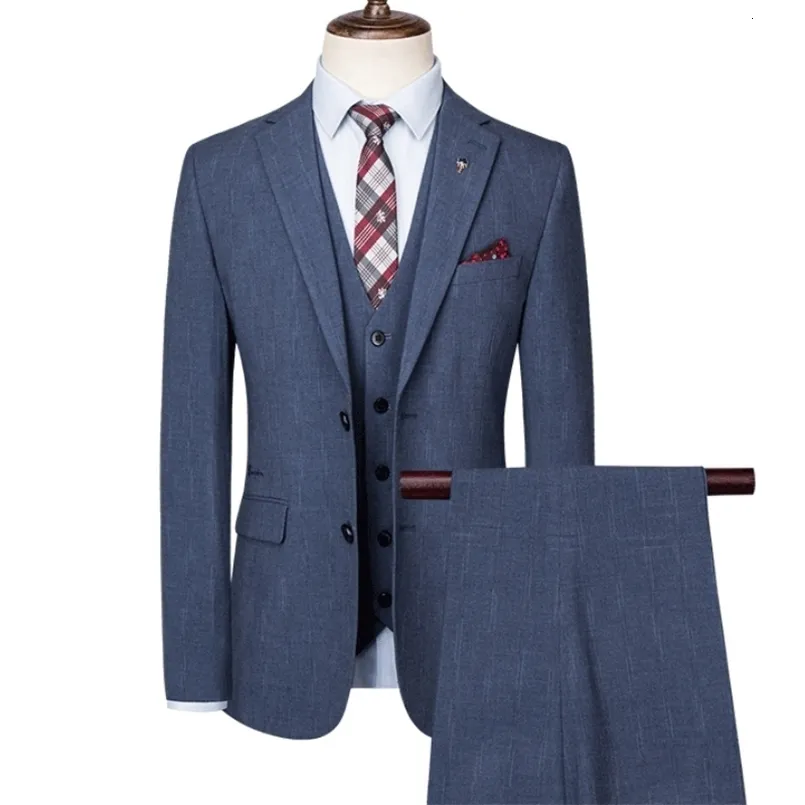 Costumes pour hommes Blazers veste gilet pantalon 3 pièces ensemble gris bleu tenue de bureau formelle marque Slim Fit marié pantalon de mariage 221111